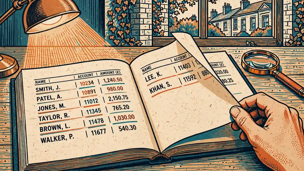 Hand turning pages of a bound licensing register on a desk with a brass lamp.