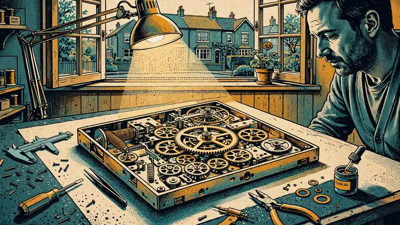Exposed clock mechanism with brass gears on a craftsman's workbench under a lamp.