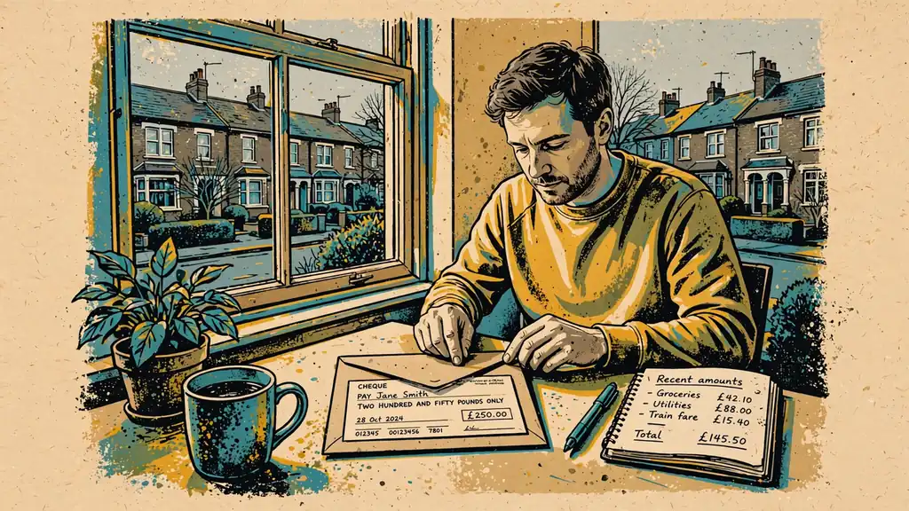 Person sealing an envelope with a cheque at a desk near a window.