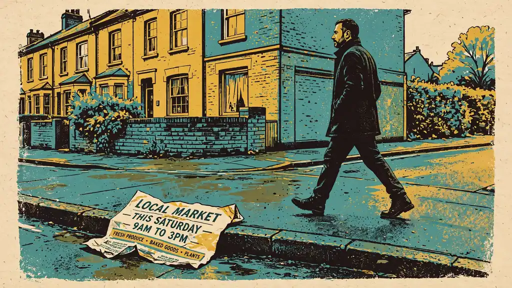 Crumpled promotional flyer on a wet British pavement near a pedestrian.